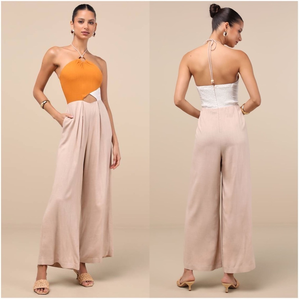 LULU’S Suma Beige Multi Color Block Wide-Leg Jumpsuit